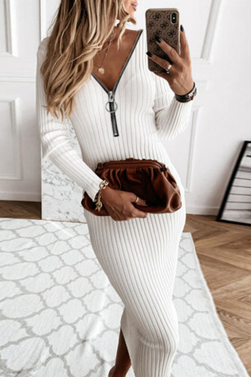 Street Patchwork V Neck Pencil Skirt Dresses(3 Colors)
