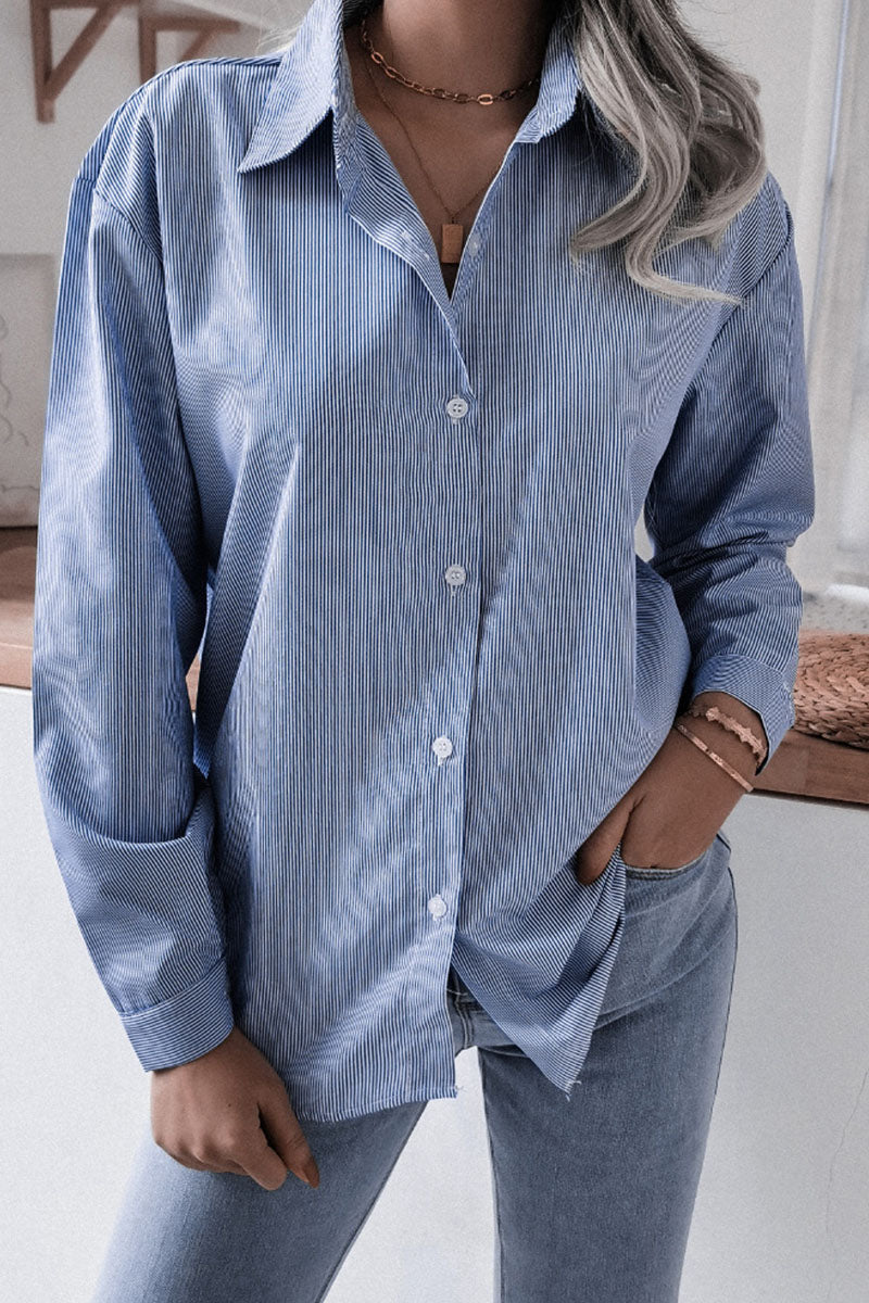 Striped Turndown Collar Blouses
