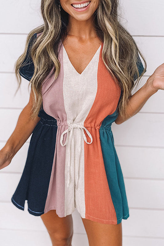 Striped Patchwork V Neck Loose Rompers