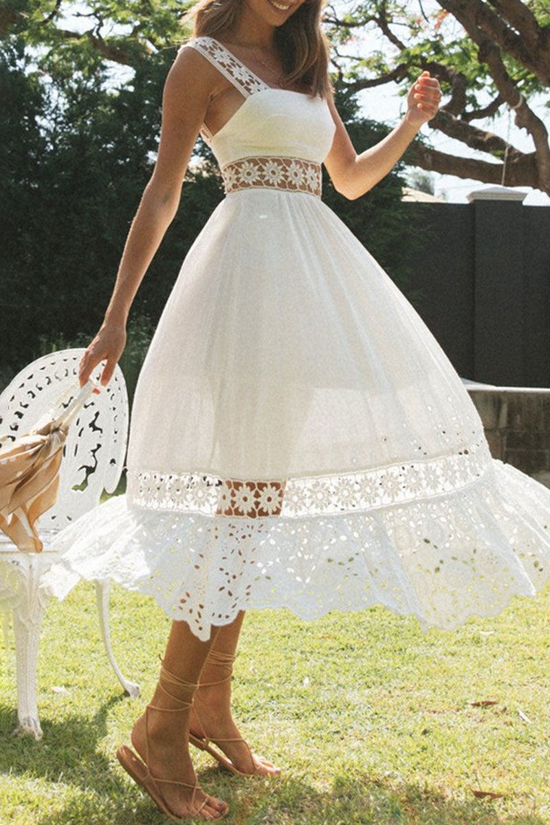 Sweet Split Joint Spaghetti Strap Waist Skirt Dresses