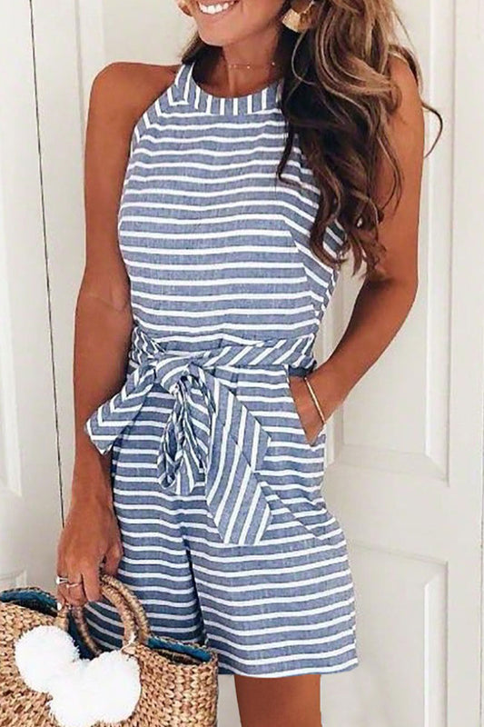 Patchwork Bandage With Belt O Neck Loose Jumpsuits(5 Colors)