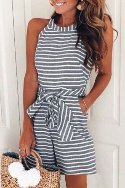 Jumpsuit Striped Strapless Round Neck Zipper Pants Summer