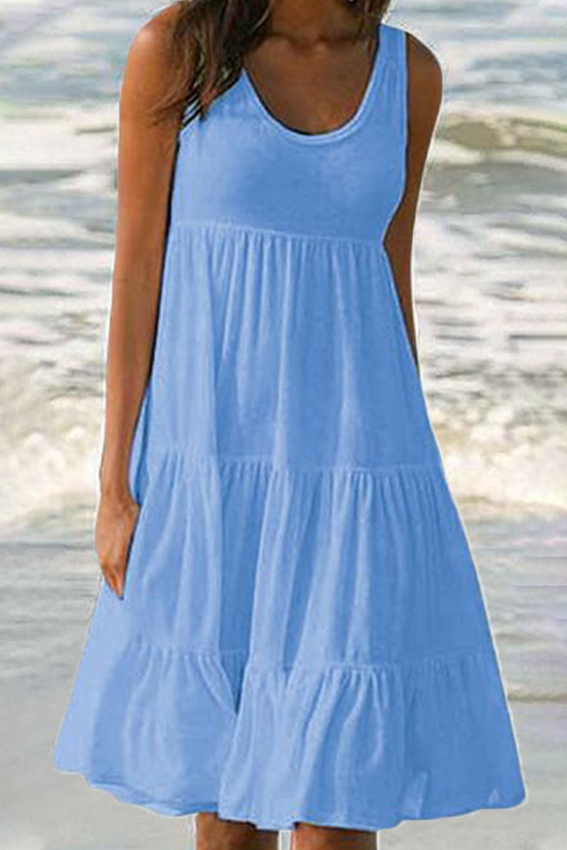 Sweet Patchwork O Neck Cake Skirt Dresses(6 Colors)