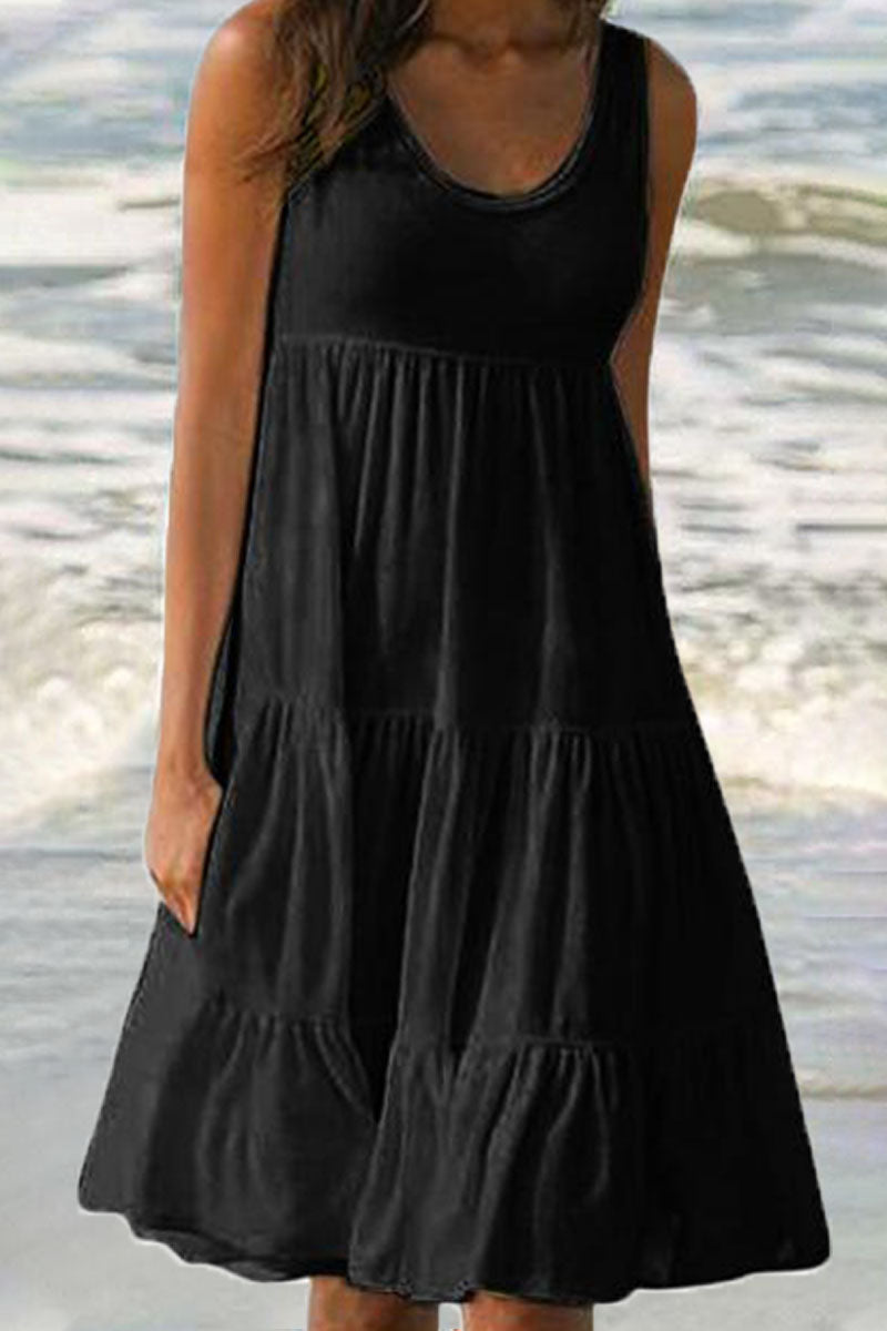 Sweet Patchwork O Neck Cake Skirt Dresses(6 Colors)