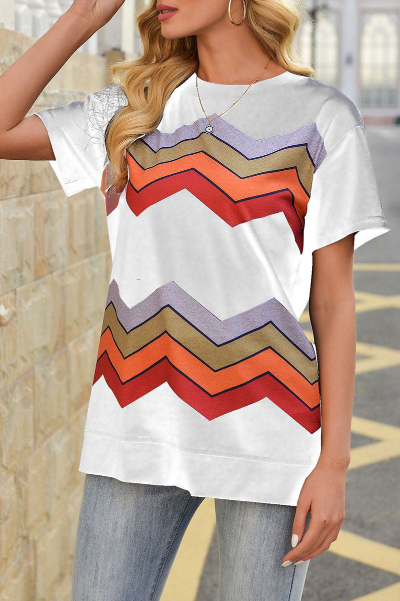 Street Striped Patchwork O Neck T-shirts