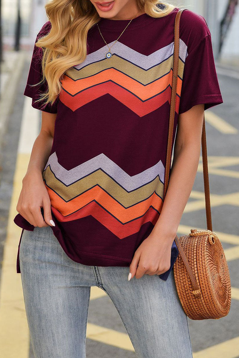 Street Striped Patchwork O Neck T-shirts