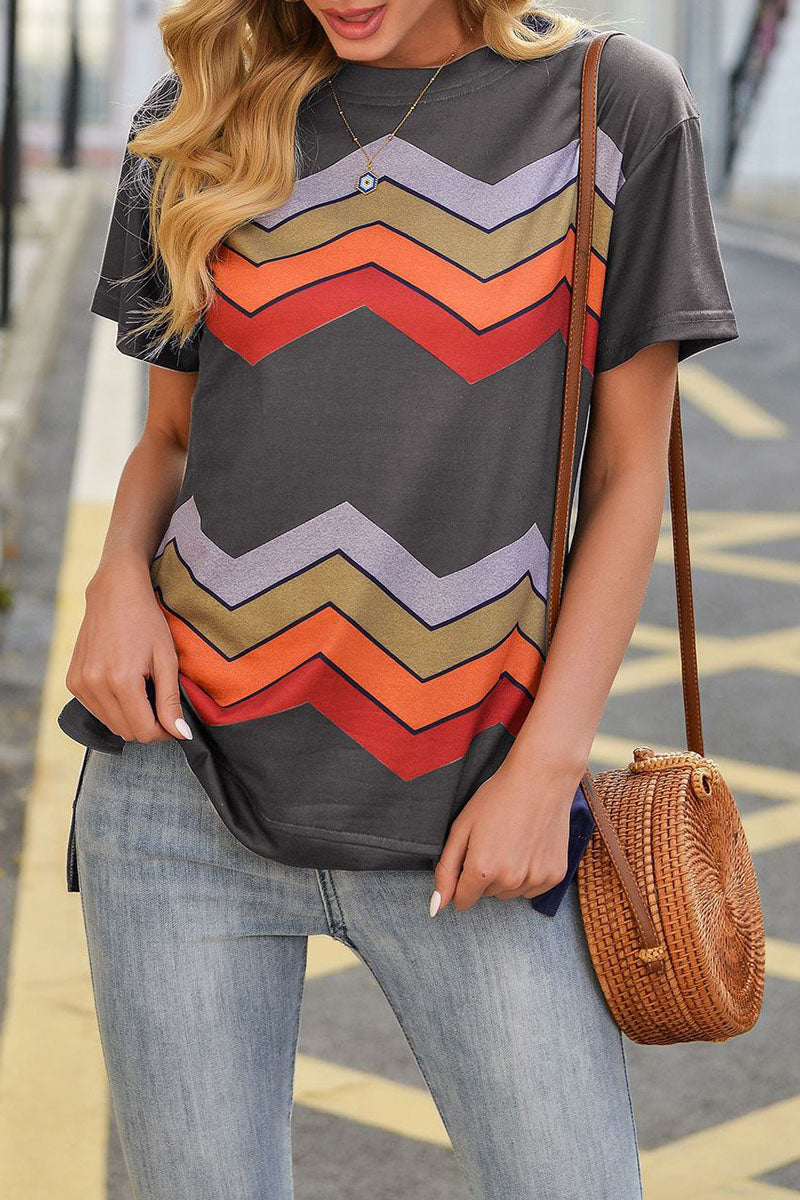 Street Striped Patchwork O Neck T-shirts