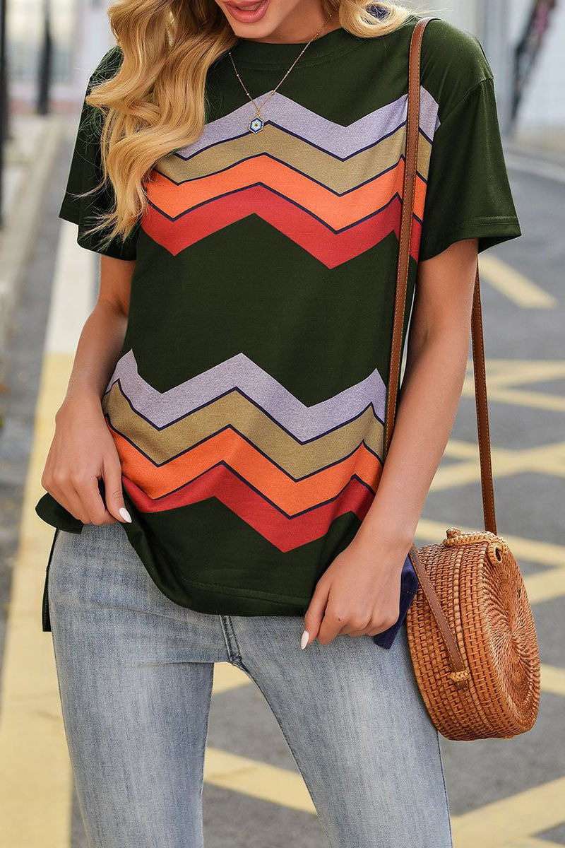 Street Striped Patchwork O Neck T-shirts