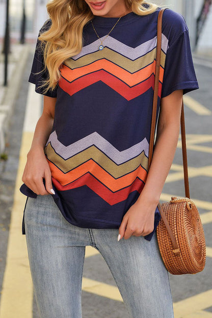 Street Striped Patchwork O Neck T-shirts