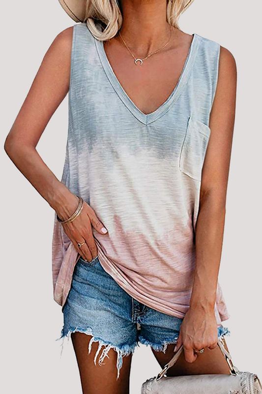 Patchwork Tie Dye Pocket V Neck T-shirts