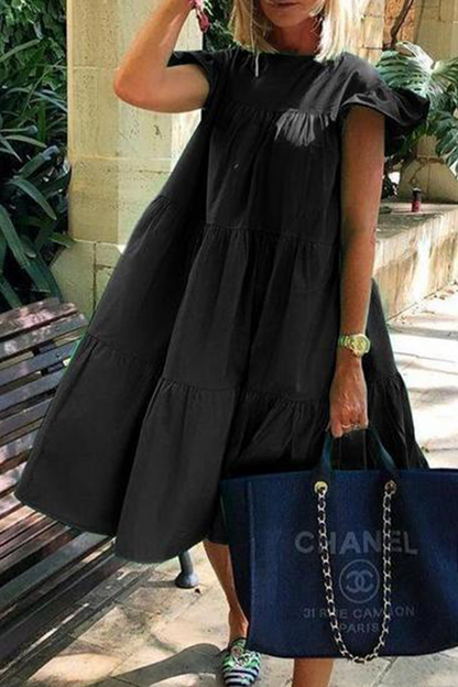 Patchwork Basic O Neck Cake Skirt Dresses(7 Colors)