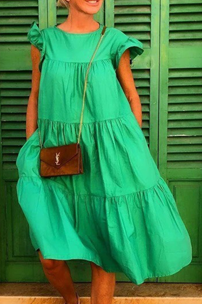Patchwork Basic O Neck Cake Skirt Dresses(7 Colors)