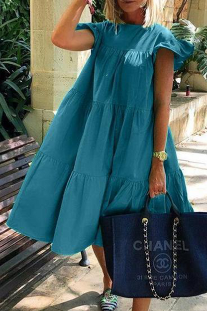 Patchwork Basic O Neck Cake Skirt Dresses(7 Colors)
