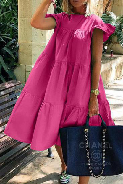 Patchwork Basic O Neck Cake Skirt Dresses(7 Colors)