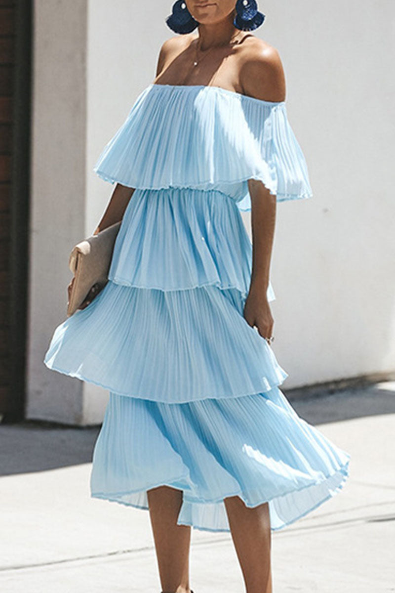 Sweet Patchwork Off the Shoulder Cake Skirt Dresses