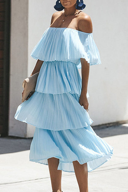 Sweet Patchwork Off the Shoulder Cake Skirt Dresses