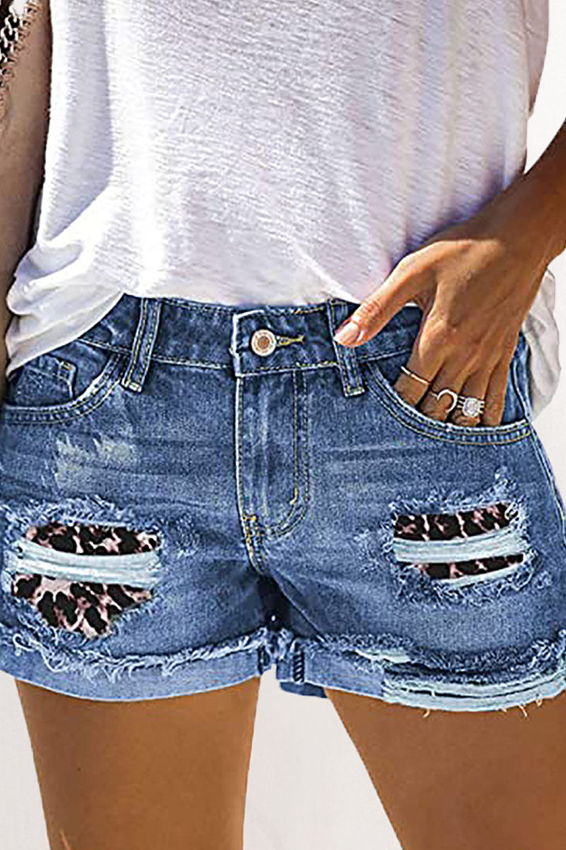 Street Patchwork Ripped Mid Waist Straight Denim Shorts