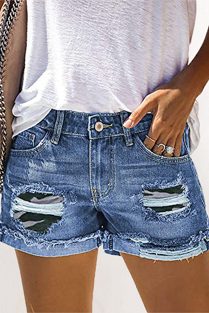 Street Patchwork Ripped Mid Waist Straight Denim Shorts
