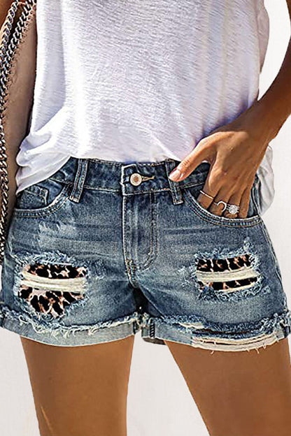 Street Patchwork Ripped Mid Waist Straight Denim Shorts