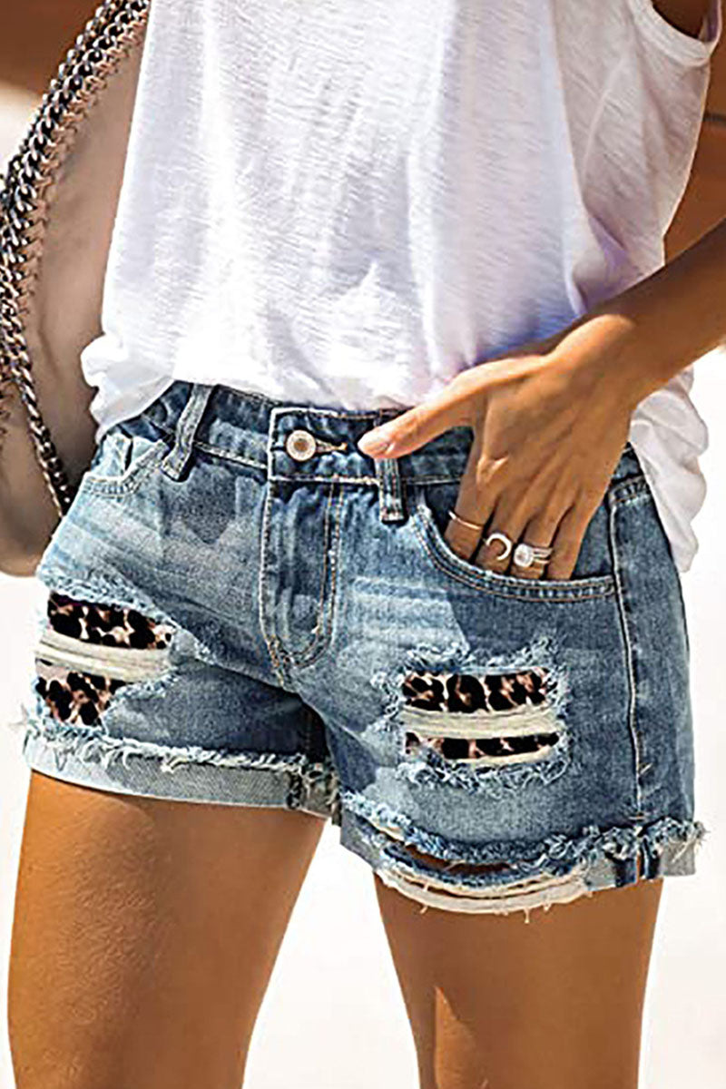 Street Patchwork Ripped Mid Waist Straight Denim Shorts