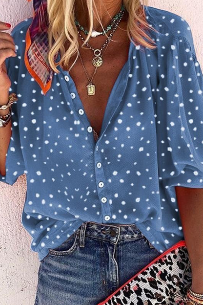 Print Patchwork Turndown Collar Mid Waist Blouses(4 Colors)
