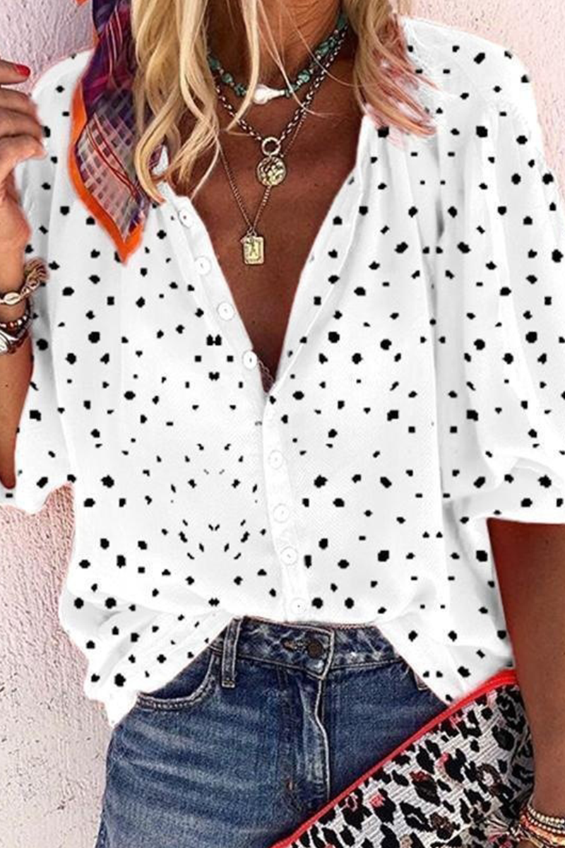 Print Patchwork Turndown Collar Mid Waist Blouses(4 Colors)