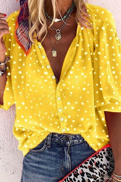 Print Patchwork Turndown Collar Mid Waist Blouses(4 Colors)