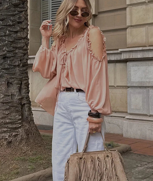 Off-shoulder Chiffon Laced Long Sleeve Blouse