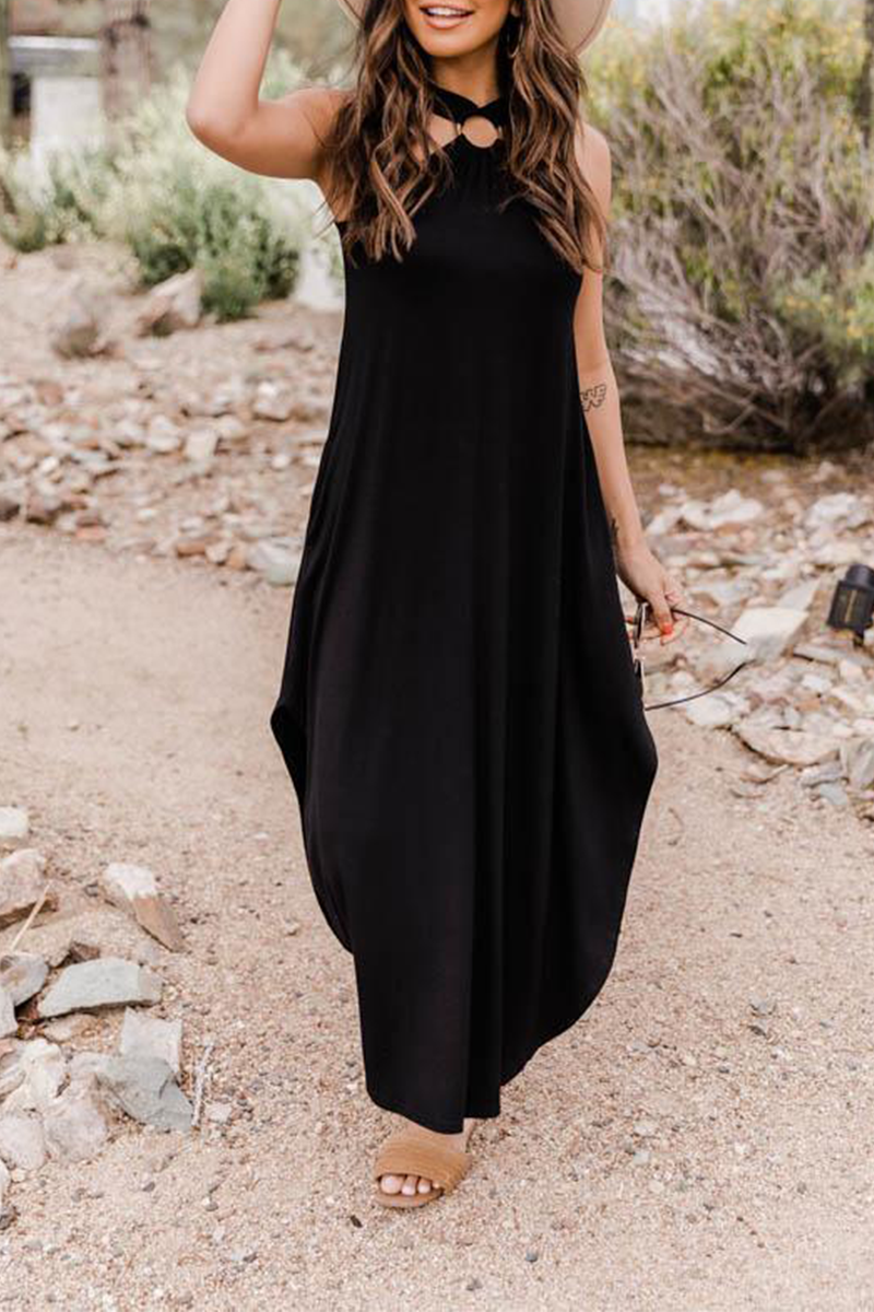 Loose Color Pocket Cross Collar Maxi Dress
