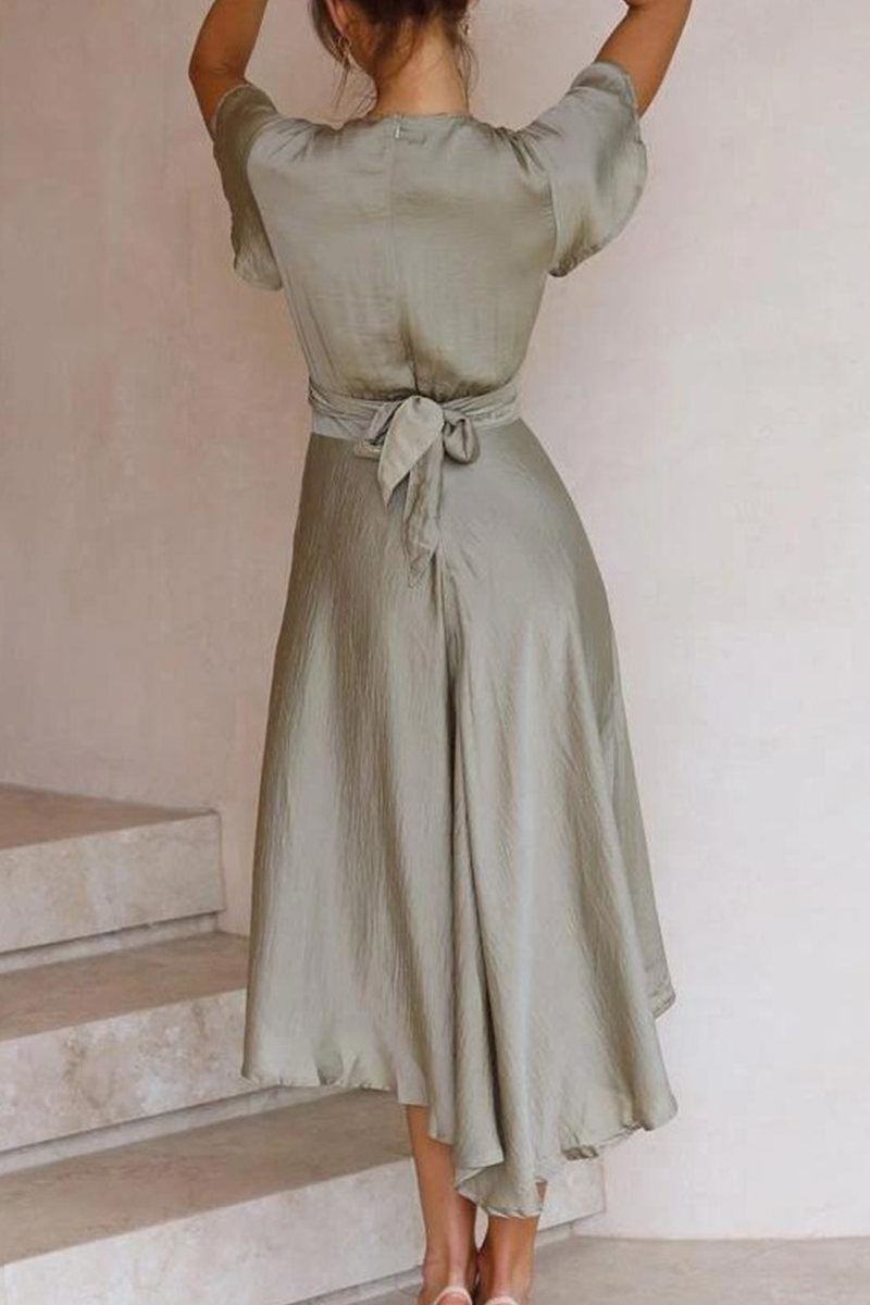 Knotted With Belt V Neck Irregular Maxi Dresses