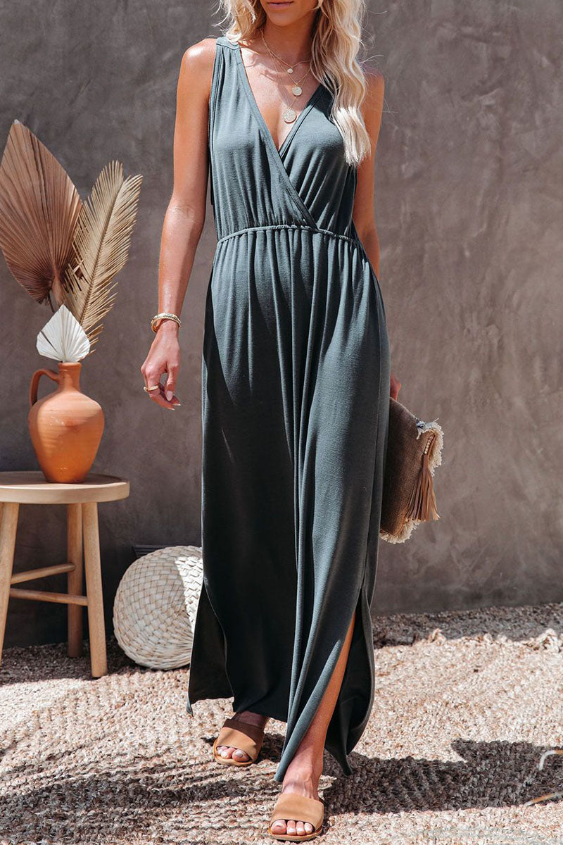 Slit V Neck a Line Maxi Dresses