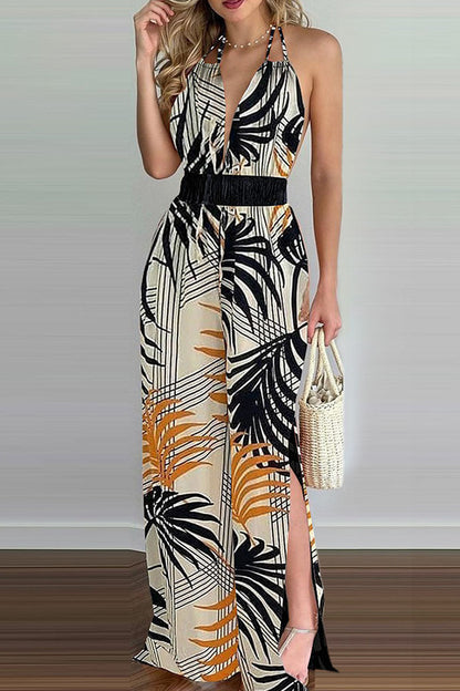 Simplicity Print Backless V Neck Loose Jumpsuits