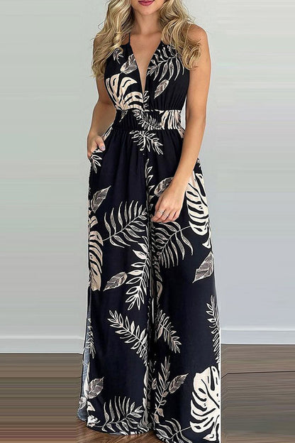 Simplicity Print Backless V Neck Loose Jumpsuits
