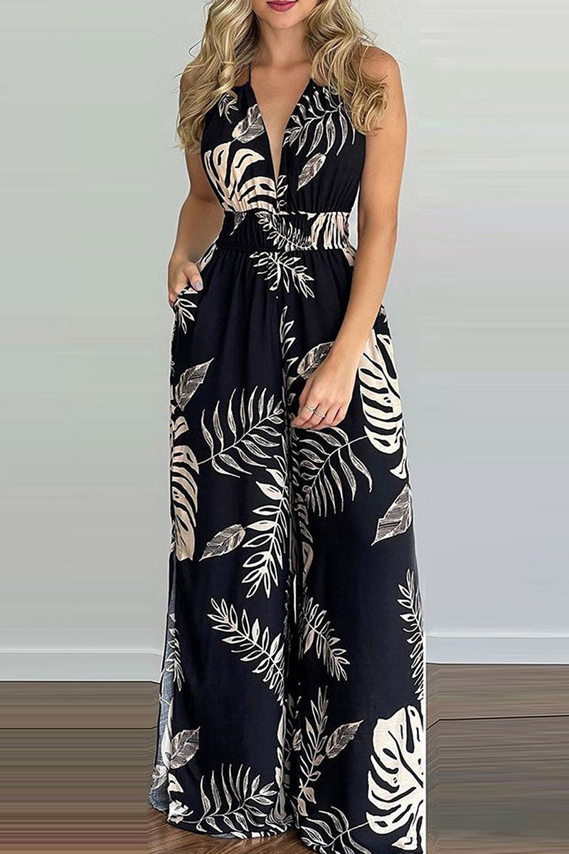 Simplicity Print Backless V Neck Loose Jumpsuits