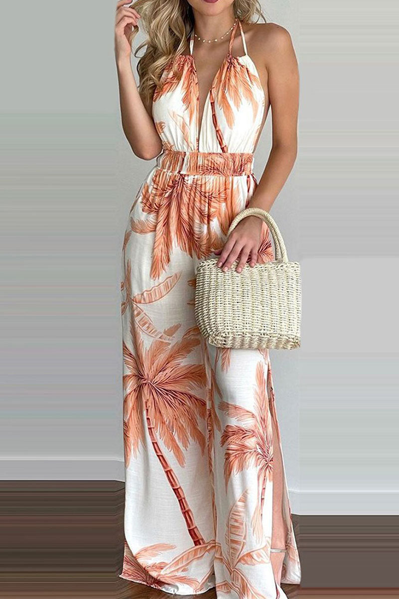 Simplicity Print Backless V Neck Loose Jumpsuits
