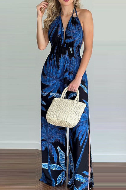 Simplicity Print Backless V Neck Loose Jumpsuits
