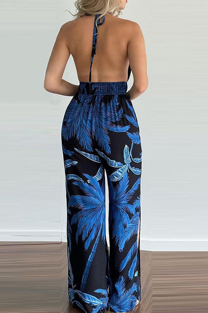 Simplicity Print Backless V Neck Loose Jumpsuits