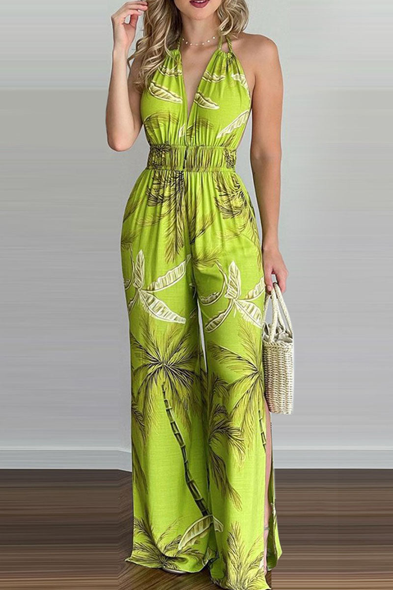 Simplicity Print Backless V Neck Loose Jumpsuits
