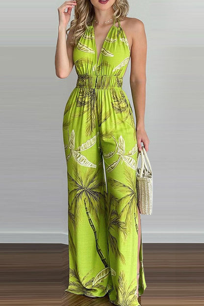 Simplicity Print Backless V Neck Loose Jumpsuits