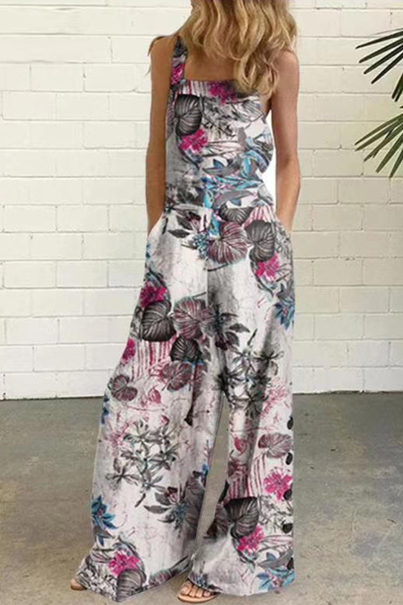 Dot Print Patchwork Square Collar Straight Jumpsuits