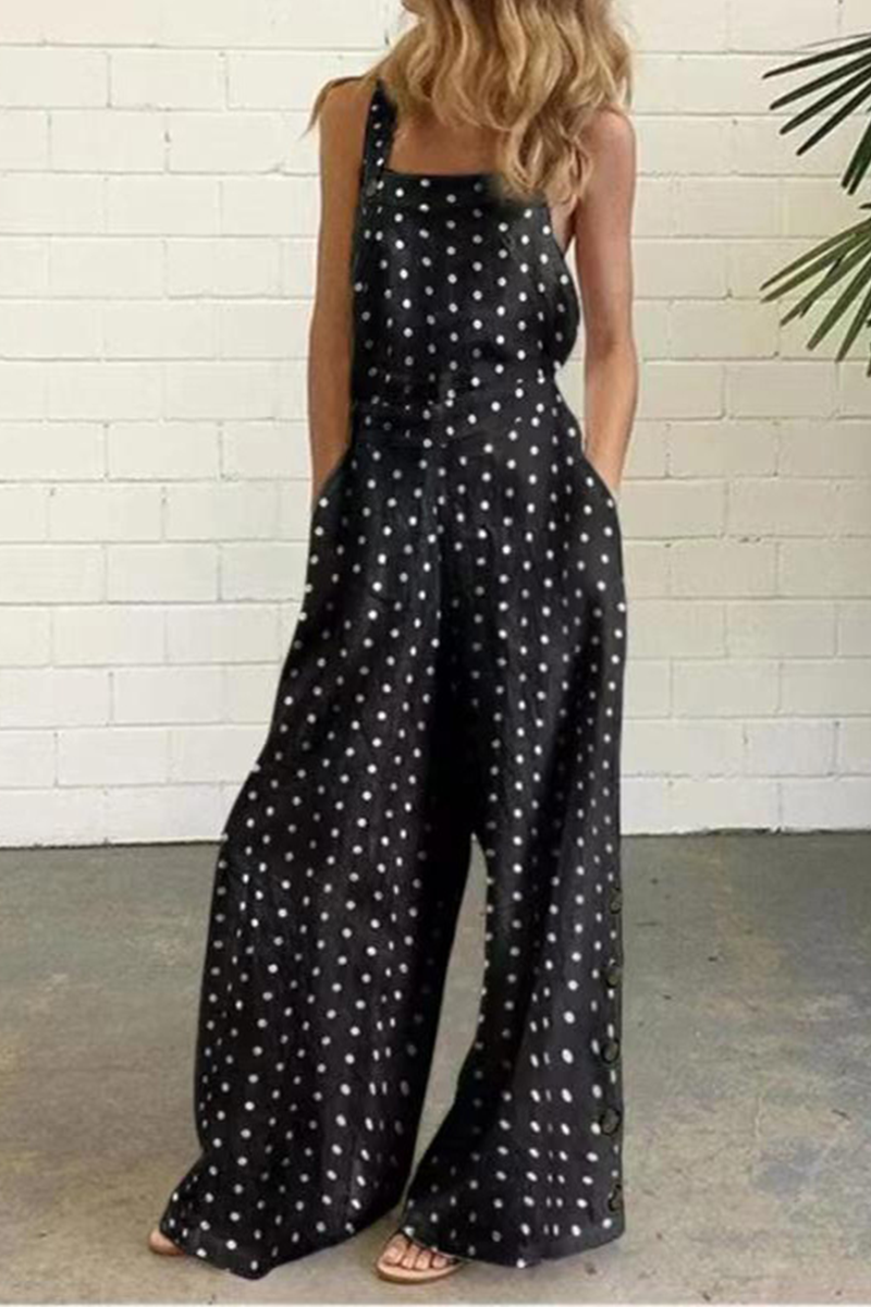 Dot Print Patchwork Square Collar Straight Jumpsuits