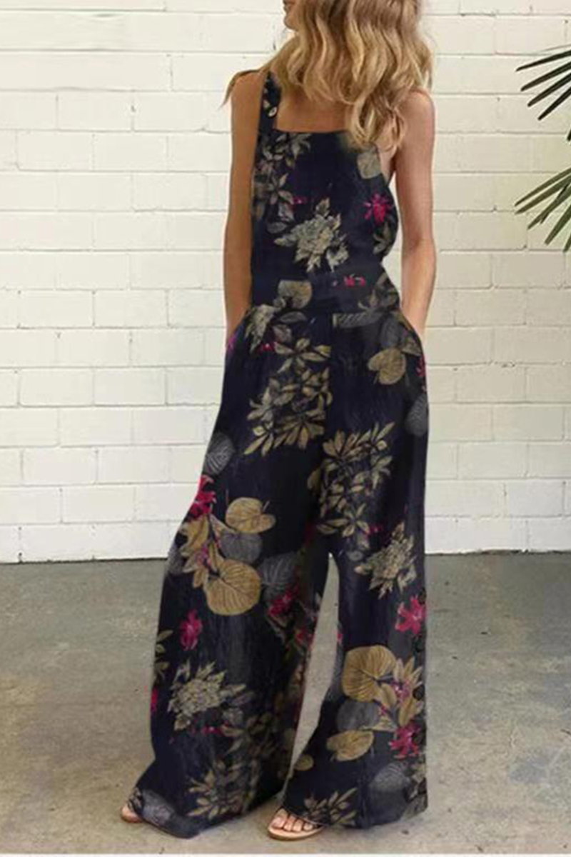 Dot Print Patchwork Square Collar Straight Jumpsuits