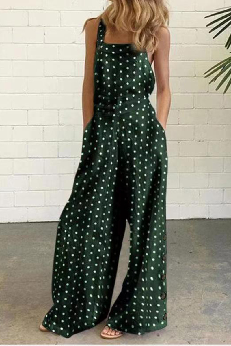 Dot Print Patchwork Square Collar Straight Jumpsuits
