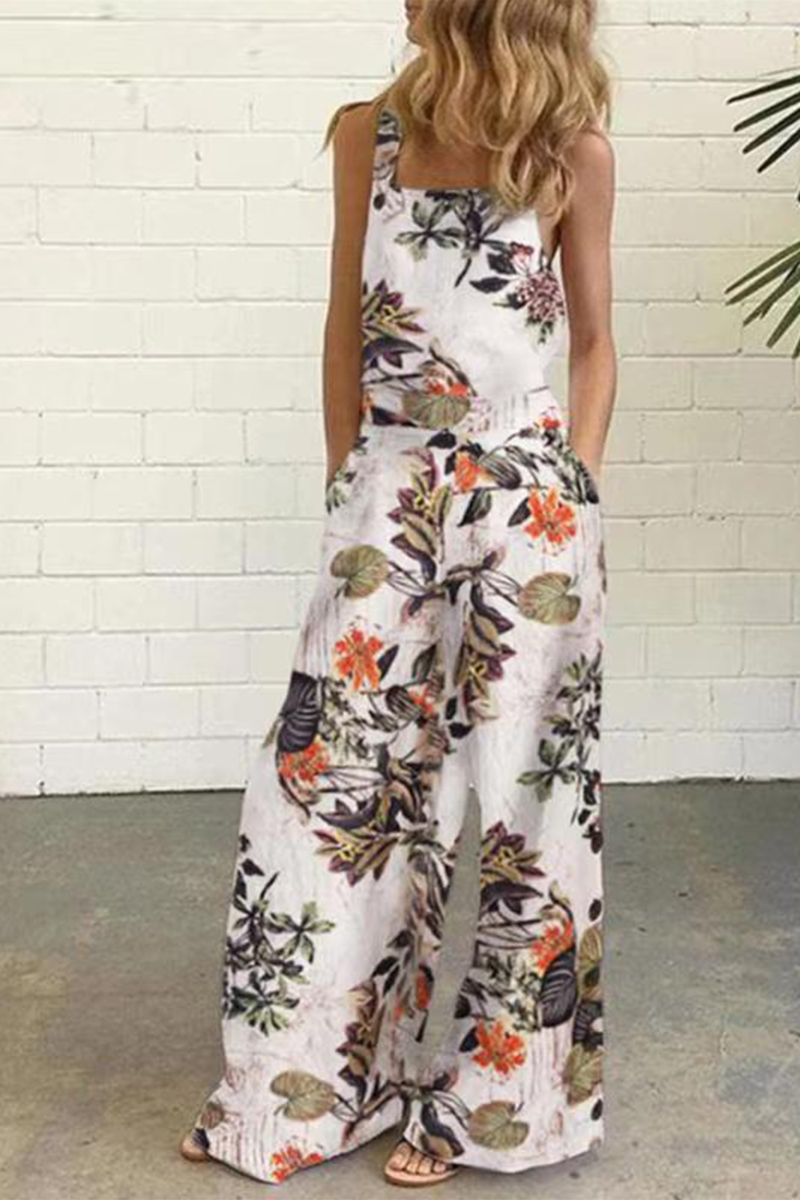Dot Print Patchwork Square Collar Straight Jumpsuits