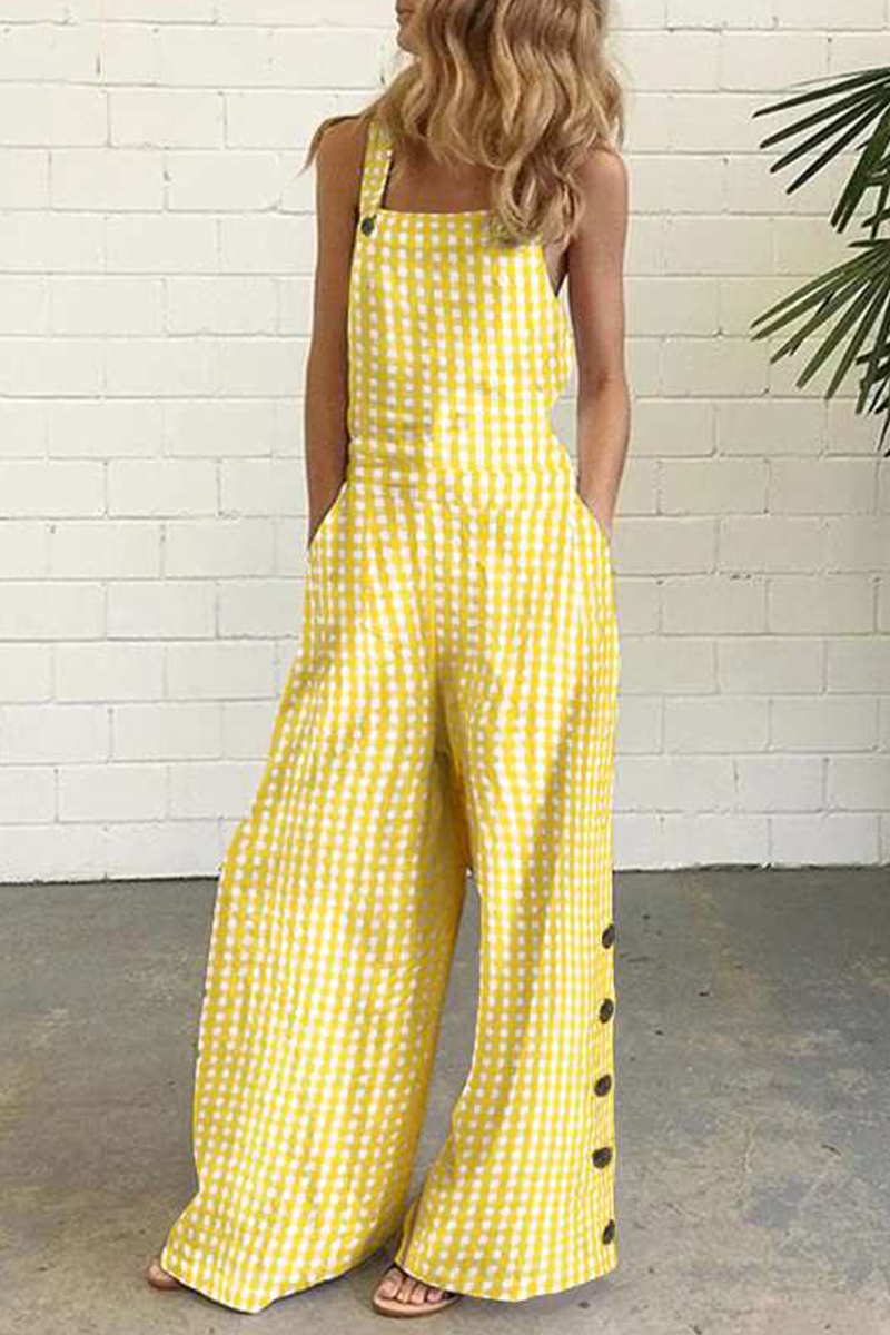 Plaid Buttons Square Collar Straight Jumpsuits