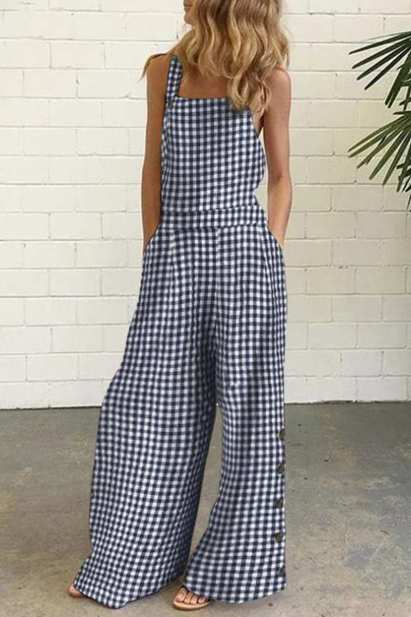 Plaid Buttons Square Collar Straight Jumpsuits