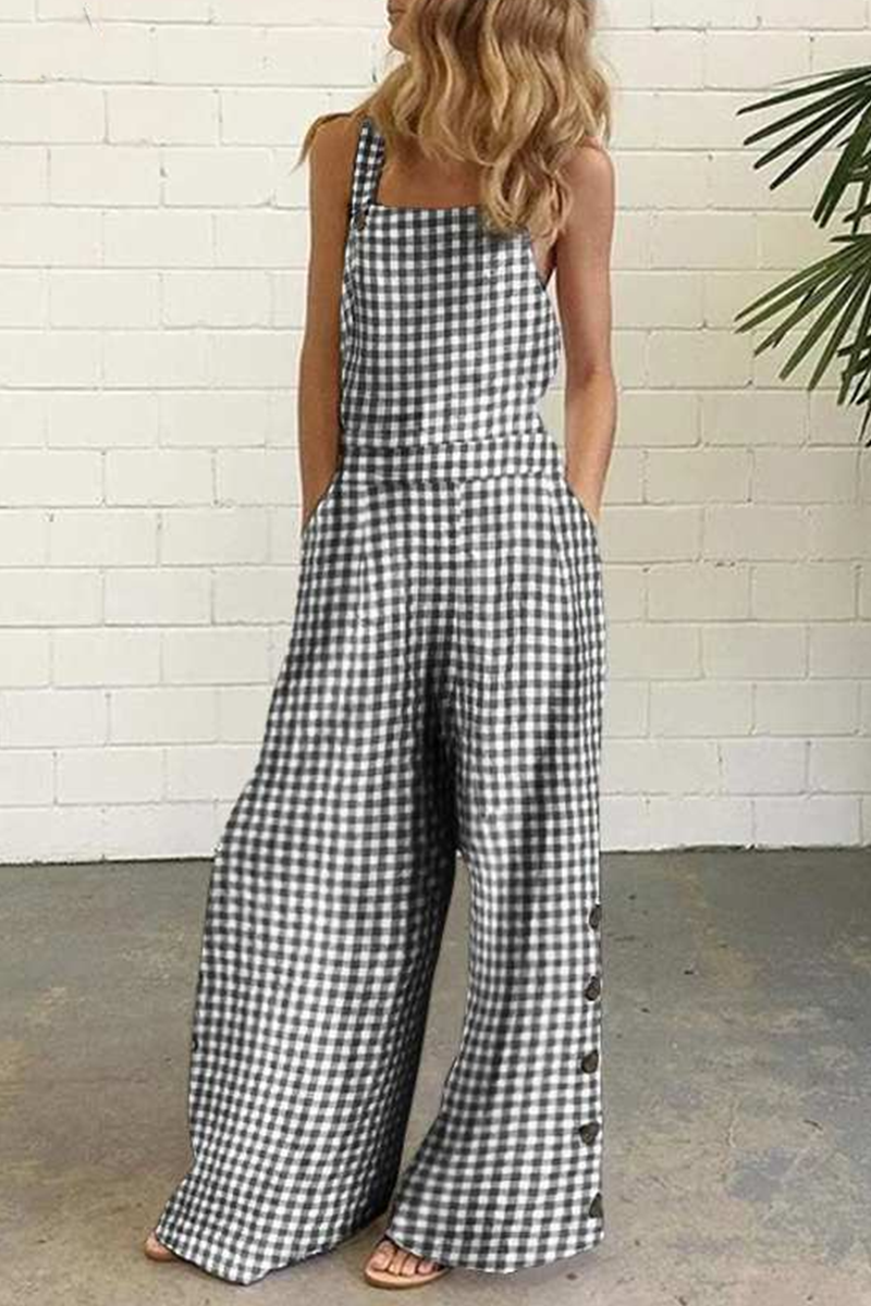 Plaid Buttons Square Collar Straight Jumpsuits