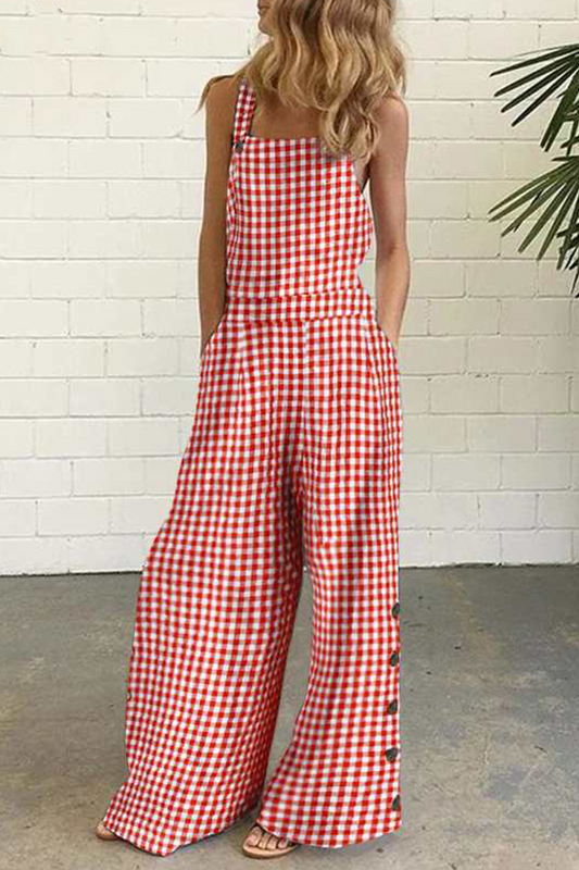 Plaid Buttons Square Collar Straight Jumpsuits