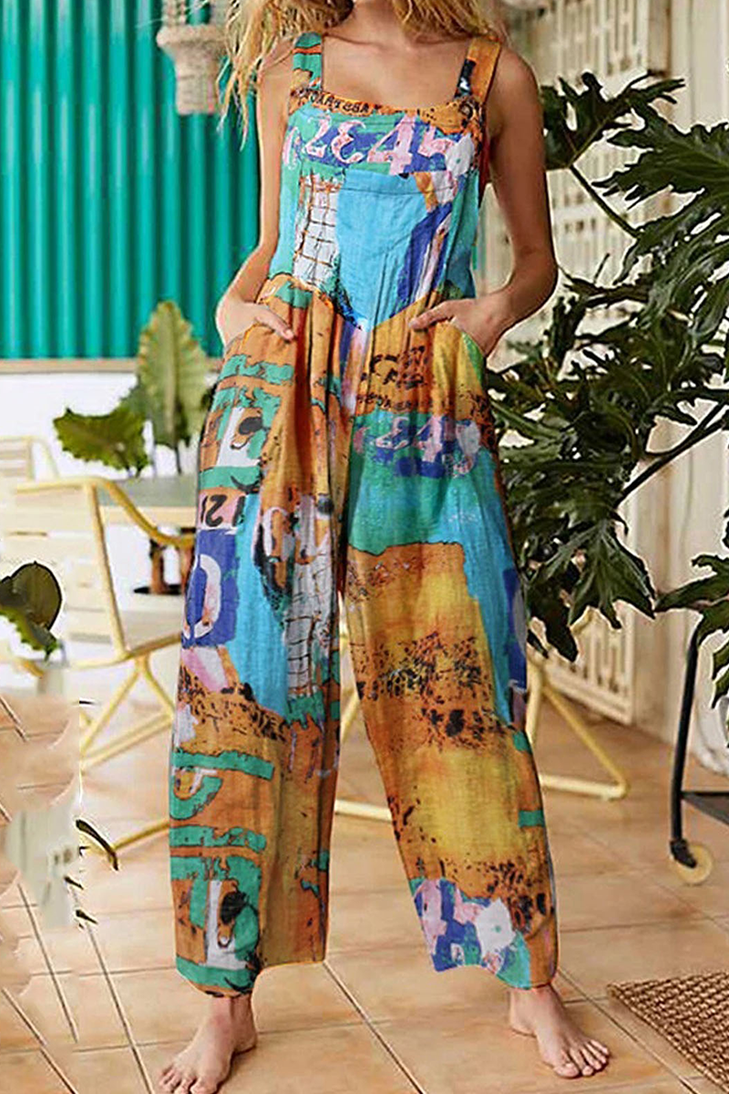 Print Split Joint Pocket Square Collar Straight Jumpsuits