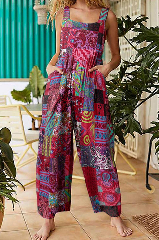 Print Split Joint Pocket Boat Neck Jumpsuits